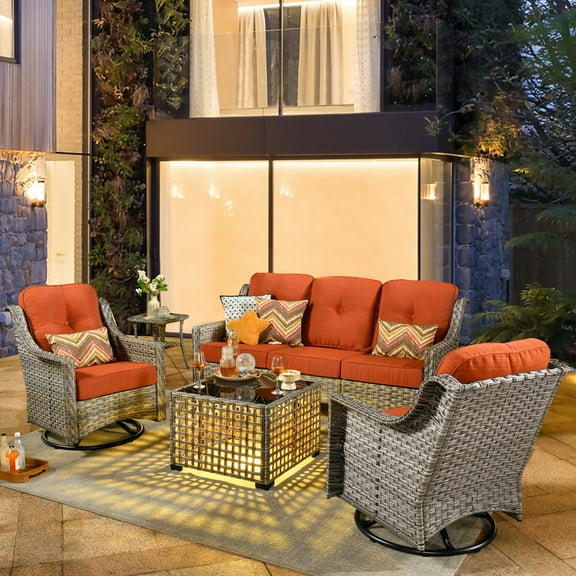 XIZZI Outdoor Furniture Patio Furniture Set 5 Piece Patio Conversation Set with Solar Coffee Table,Swivel Rocking Chair,Side Table-Orange