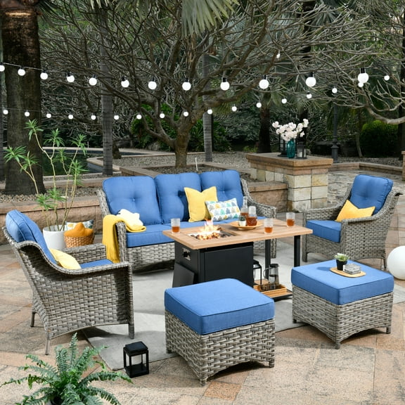 XIZZI Outdoor Furniture Set High Back 6 Pieces Patio Conversation Set with Gas Fire Pit Table,Diamond Blue