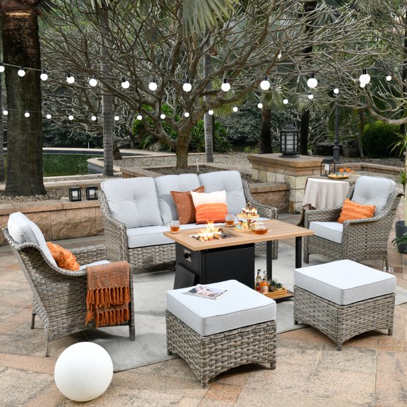 XIZZI Outdoor Furniture Set High Back 6 Pieces Patio Conversation Set with Gas Fire Pit Table,Grey
