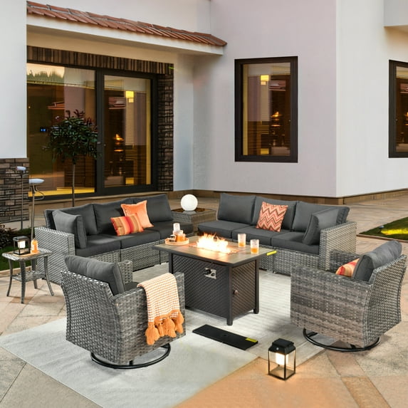 XIZZI Outdoor Furniture Wicker 11-piece Sectional Set with Swivel Rocking Chair and Fire Pit Table,Black
