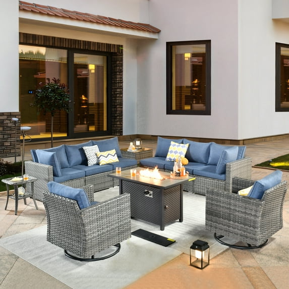 XIZZI Outdoor Furniture Wicker 11-piece Sectional Set with Swivel Rocking Chair and Fire Pit Table,Bright Blue