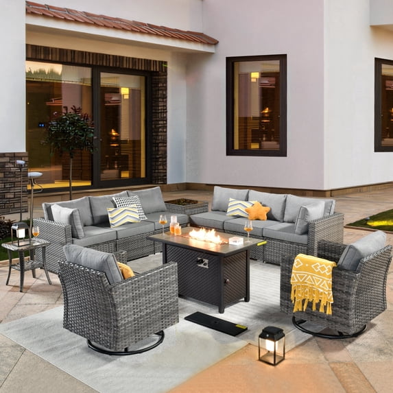 XIZZI Outdoor Furniture Wicker 11-piece Sectional Set with Swivel Rocking Chair and Fire Pit Table,Dark Grey