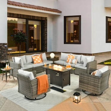 HOOOWOOO Outdoor Furniture Wicker 11-piece Sectional Set with Swivel Rocking Chair and Fire Pit Table,Grey