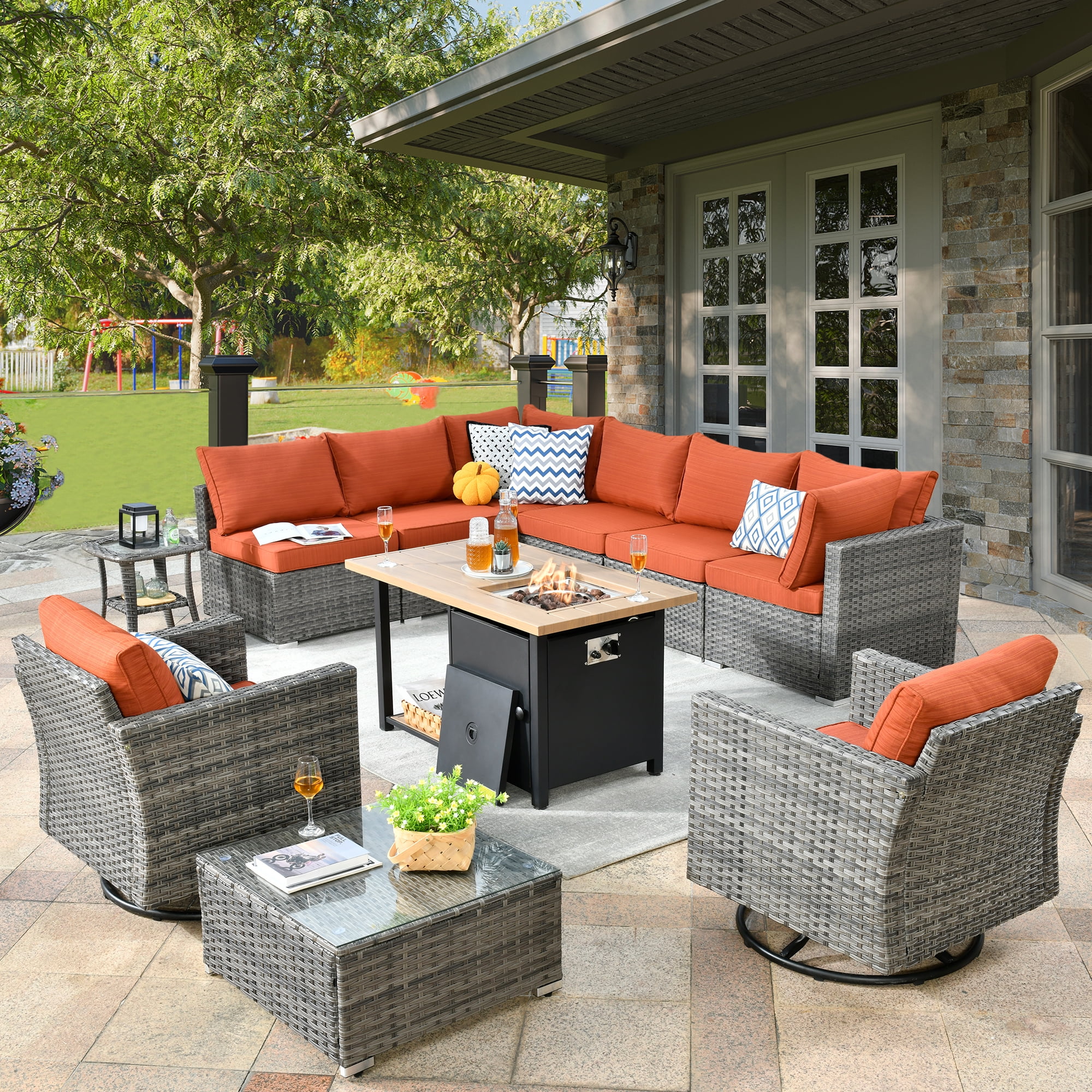 HOOOWOOO 11 Piece Wicker Patio Furniture Set with Swivel Rocking Chair Sofa Fire Pit Table Grey Walmart
