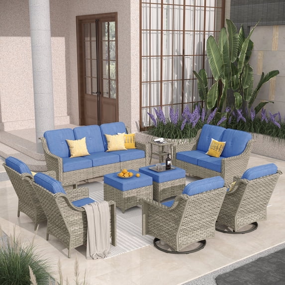 XIZZI Outdoor Furniture Wicker Sofa Set Patio Conversation Chair Set with Swivel Rocking Chair and Ottoman,Diamond Blue Cushion