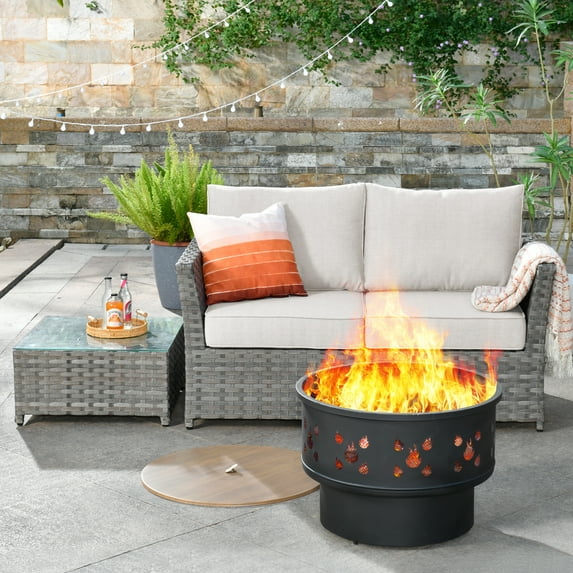 XIZZI Outdoor Patio 4-piece Wicker Rattan Furniture Set with Wood Burning Fire Pit,Beige Stripe