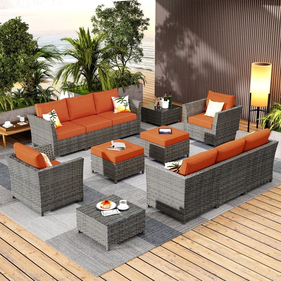 XIZZI Outdoor Patio Furniture Set 12 Pieces Wicker Sectional Conversation Set No Assembly Modular Sofa Chair Set,Orange