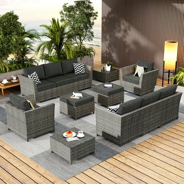 HOOOWOOO Outdoor Patio Furniture Set 12 Pieces Wicker Sectional Conversation Set No Assembly Modular Sofa Set,Black