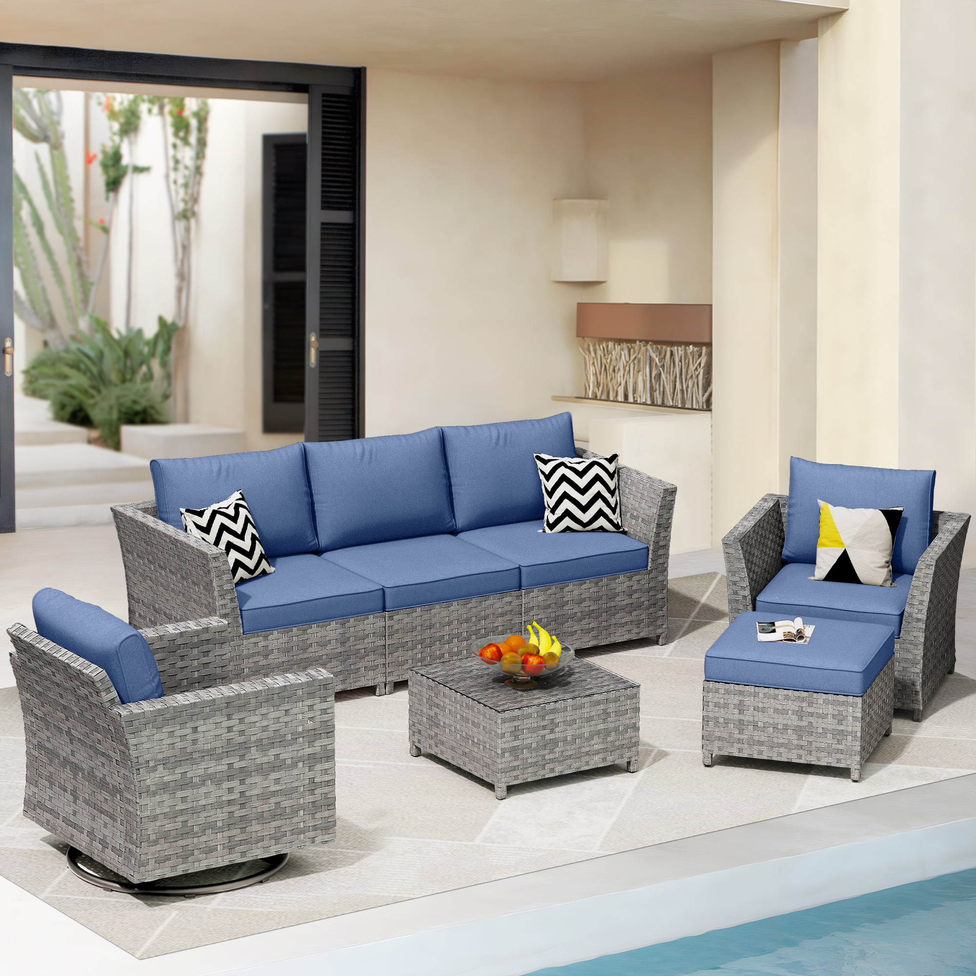 HOOOWOOO Outdoor Patio Furniture Set 7 Pieces with 360° Swivel Rocking