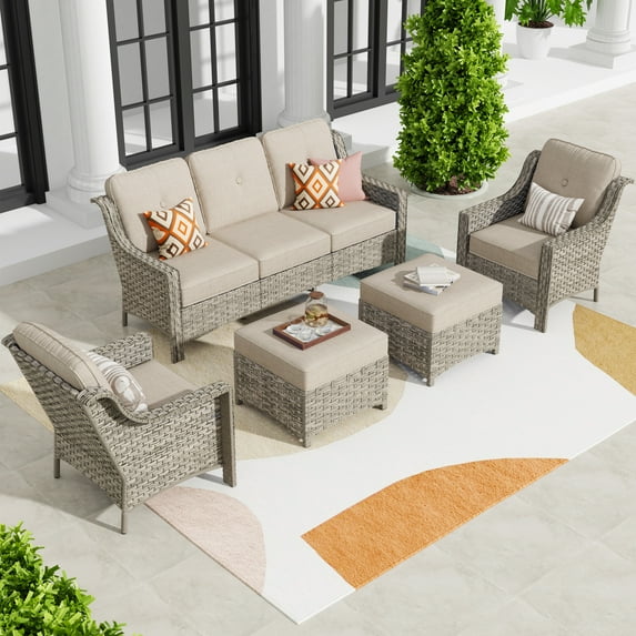XIZZI Outdoor Patio Furniture Set PE Wicker Rattan 3 Seat Sofa Conversation Set with Chair and Ottoman,Beige