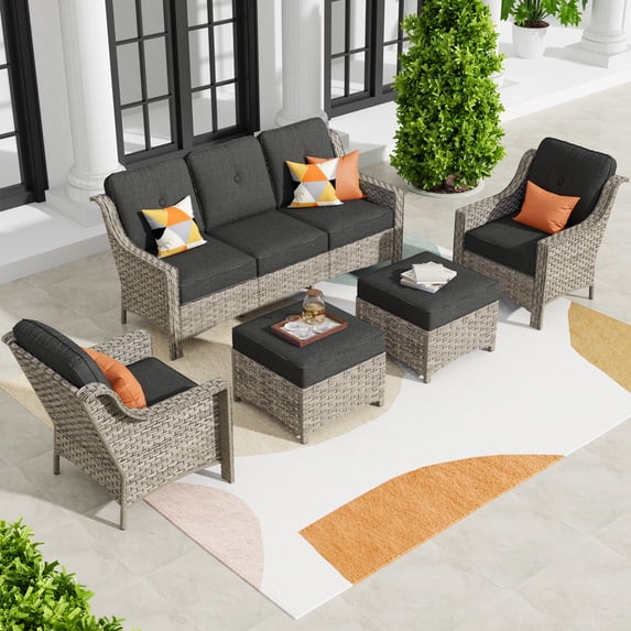 XIZZI Outdoor Patio Furniture Set PE Wicker Rattan 3 Seat Sofa Conversation Set with Chair and Ottoman,Black