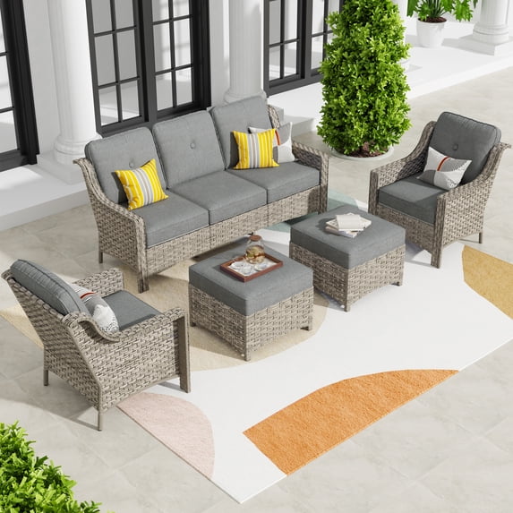 XIZZI Outdoor Patio Furniture Set PE Wicker Rattan 3 Seat Sofa Conversation Set with Chair and Ottoman,Dark Grey