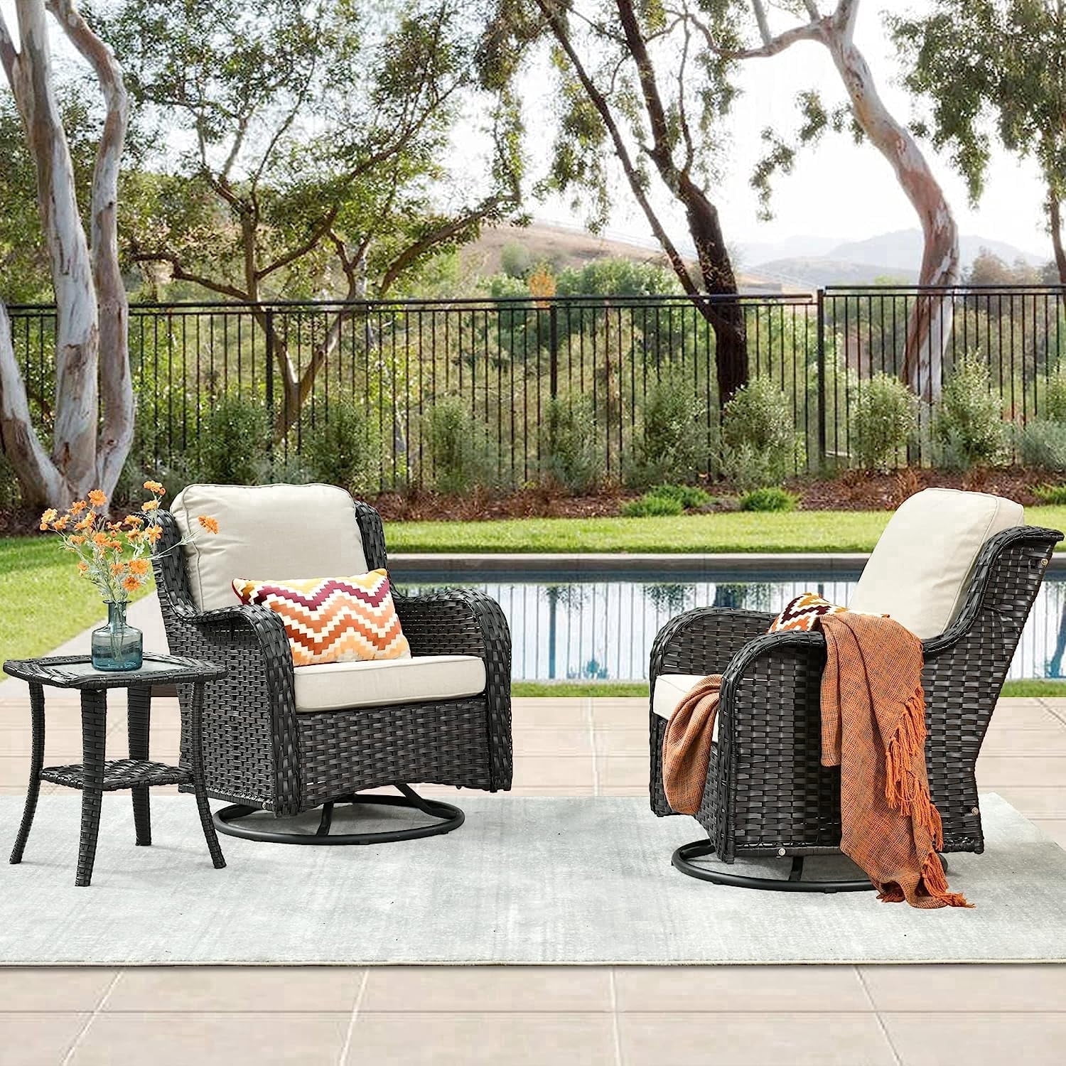 XIZZI Outdoor Patio Wicker Swivel Rocker Set,3-Piece Rocking Chair Bistro Set with Beige Cushions and Coffee Table,Brown Wicker