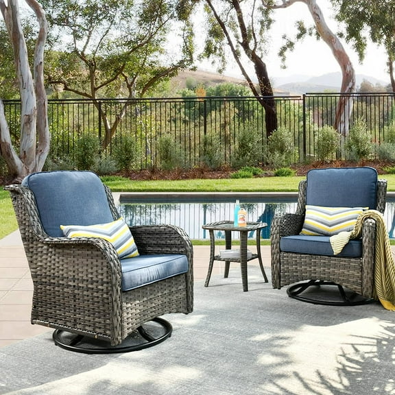 XIZZI Outdoor Patio Wicker Swivel Rocker Set,3-Piece Rocking Chair Bistro Set with Denim Blue Cushions and Coffee Table,Grey Wicker