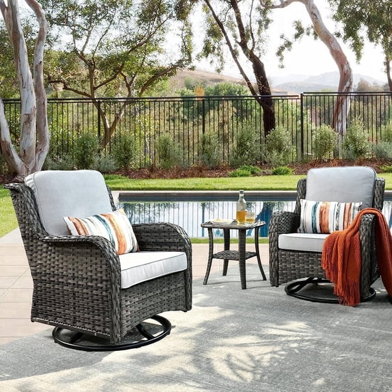 XIZZI Outdoor Patio Wicker Swivel Rocker Set,3-Piece Rocking Chair Bistro Set with Grey Cushions and Coffee Table,Grey Wicker
