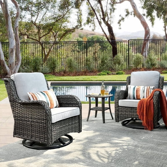 XIZZI Outdoor Patio Wicker Swivel Rocker Set,3-Piece Rocking Chair Bistro Set with Grey Cushions and Coffee Table,Grey Wicker