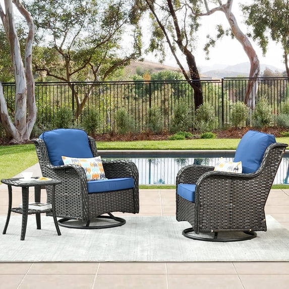 XIZZI Outdoor Patio Wicker Swivel Rocker Set,3-Piece Rocking Chair Bistro Set with Navy Blue Cushions and Coffee Table,Brown Wicker