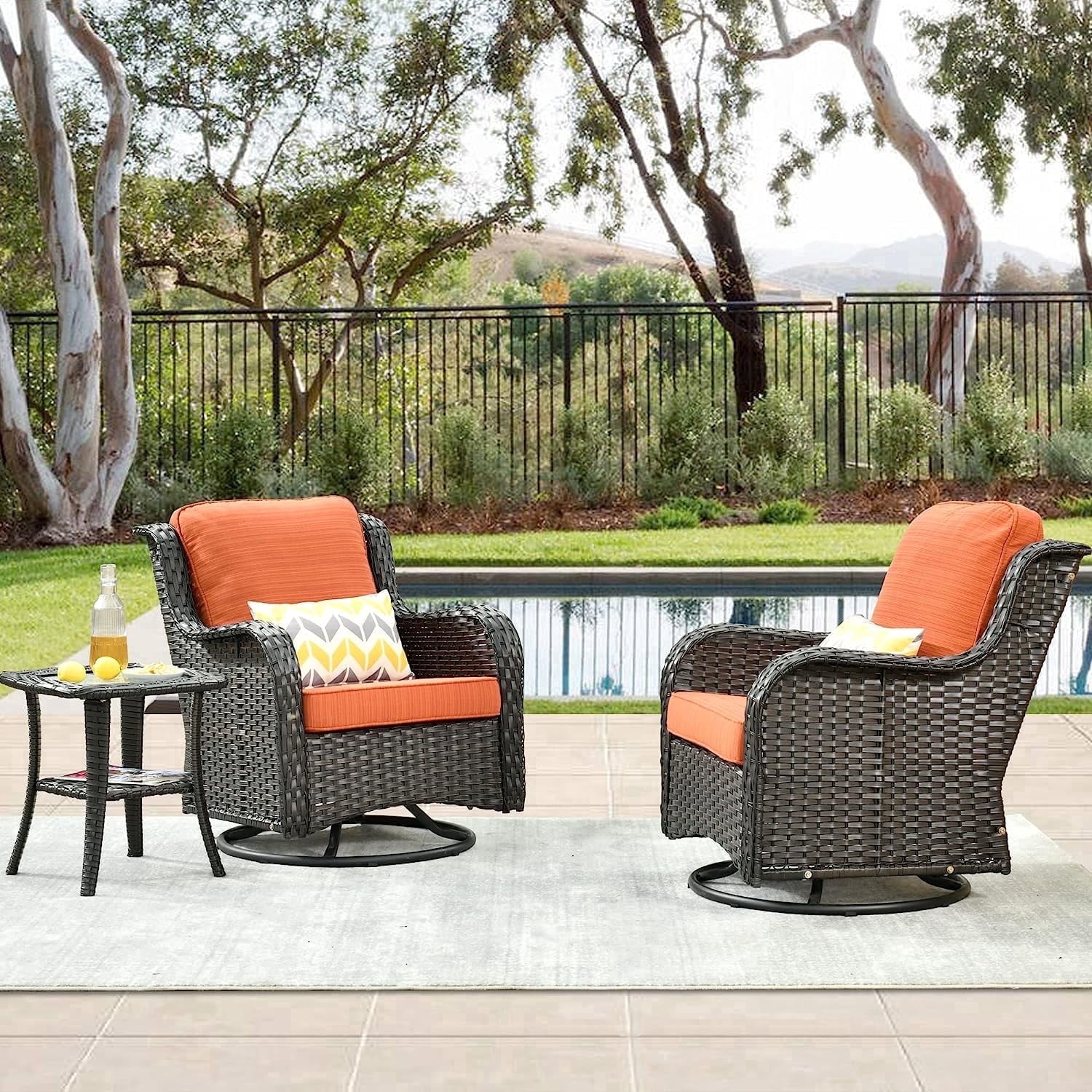 XIZZI Outdoor Patio Wicker Swivel Rocker Set,3-Piece Rocking Chair Bistro Set with Orange Red Cushions and Coffee Table for Balcony,Brown Wicker