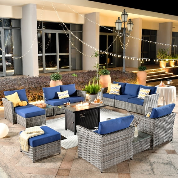 XIZZI Outdoor Wicker Patio Set Furniture Conversation Set with Fire Pit Table,Blue