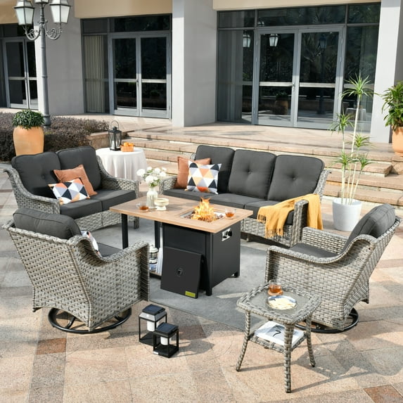 XIZZI PE Rattan Wicker Patio Conversation Set High Back Sofa Set with Swivel Rocking Chair and 46" Fire Pit Table,Black