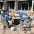 thumbnail image 1 of XIZZI PE Rattan Wicker Patio Conversation Set High Back Sofa Set with Swivel Rocking Chair and 46" Fire Pit Table,Diamond Blue, 1 of 8