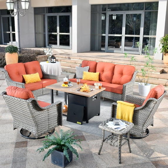 XIZZI PE Rattan Wicker Patio Conversation Set High Back Sofa Set with Swivel Rocking Chair and 46" Fire Pit Table,Red