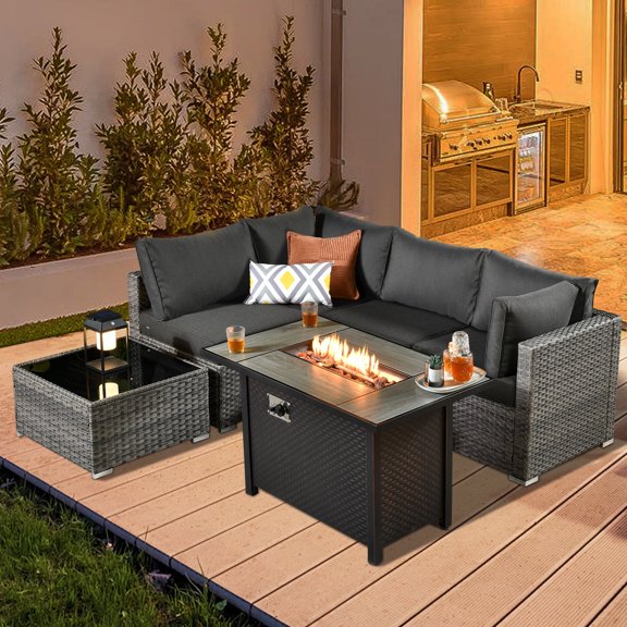 XIZZI Patio Conversation Set 6 PCS Wicker Furniture Set with Propane Fire Pit Table,Black