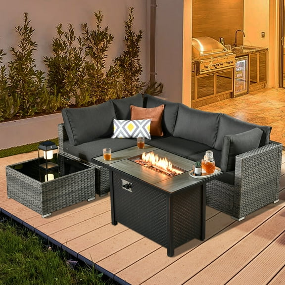 XIZZI Patio Conversation Set 6 PCS Wicker Furniture Set with Propane Fire Pit Table,Black