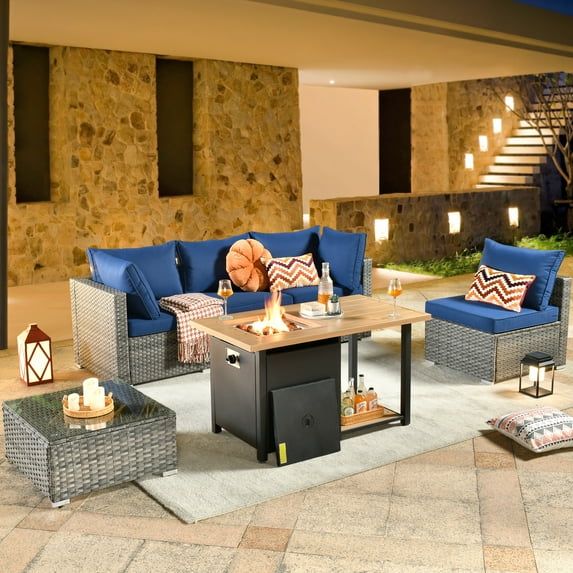 XIZZI Patio Conversation Set 6 PCS Wicker Furniture Set with Propane Fire Pit Table,Blue