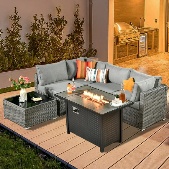 XIZZI Patio Conversation Set 6 PCS Wicker Furniture Set with Propane Fire Pit Table,Dark Grey