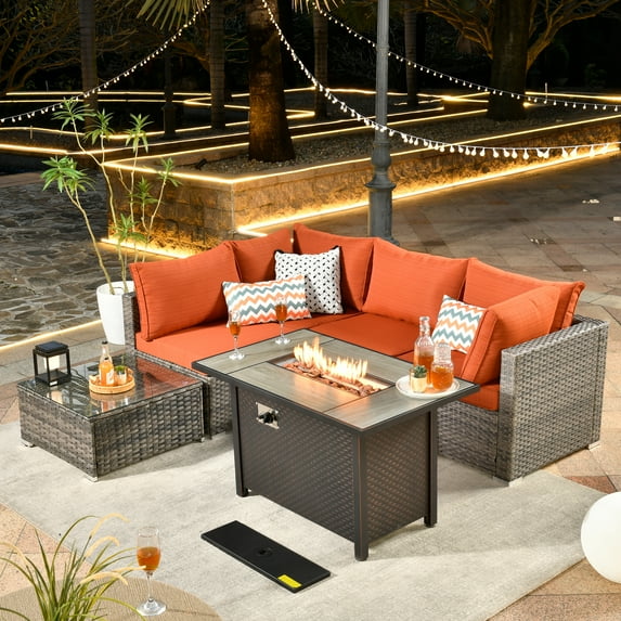 XIZZI Patio Conversation Set 6 PCS Wicker Furniture Set with Propane Fire Pit Table,Orange