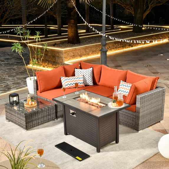 XIZZI 5-Piece Patio Furniture Sets with Fire Pit Table, Patio Outdoor Sectional Set with Coffee Table, All-Weather Wicker Outdoor Conversation Sets for Backyard, Garden,Orange