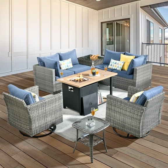 XIZZI Patio Conversation Set Wicker Rattan Patio Furniture Set with Swivel Rocking Chair and Firepit,Bright Blue