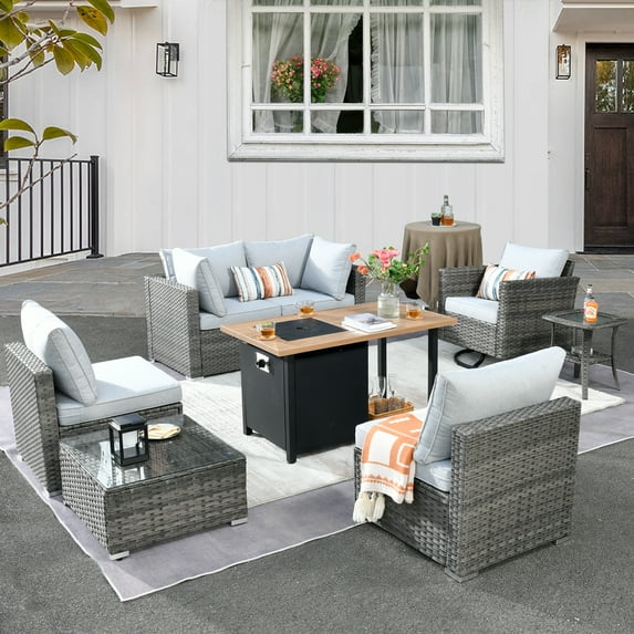 XIZZI Patio Conversation Set Wicker Rattan Patio Furniture Set with Swivel Rocking Chair and Firepit,Grey