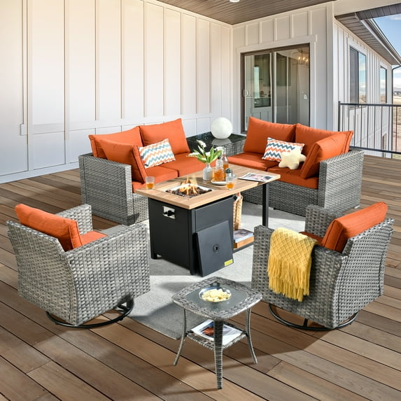 XIZZI Patio Conversation Set Wicker Rattan Patio Furniture Set with Swivel Rocking Chair and Firepit,Orange