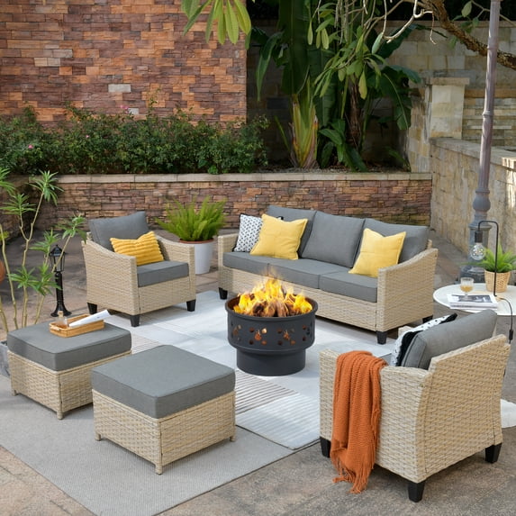 XIZZI Patio Conversation Sets,6 PCS Outdoor Furniture Set with Wood Burning Fire Pit,Grey