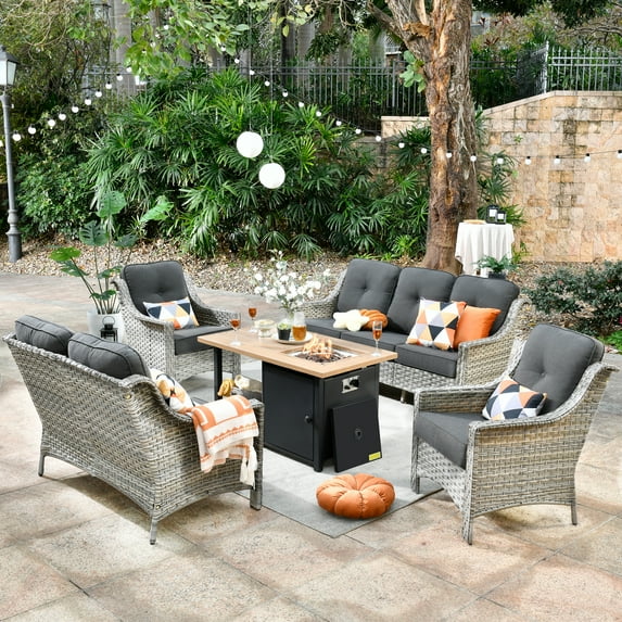 XIZZI Patio Furniture Set All Weather Rattan Wicker Conversation Set with Smokeless Fire Pit Table,Black
