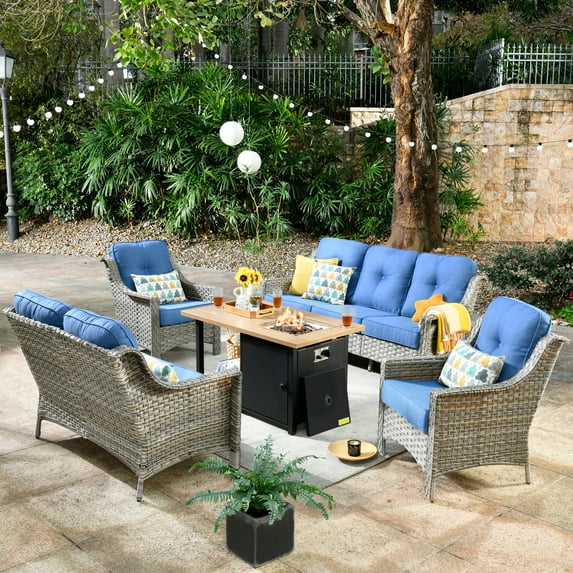 XIZZI Patio Furniture Set All Weather Rattan Wicker Conversation Set with Smokeless Fire Pit Table,Diamond Blue