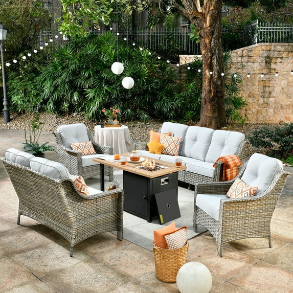 XIZZI Patio Furniture Set All Weather Rattan Wicker Conversation Set with Smokeless Fire Pit Table,Grey