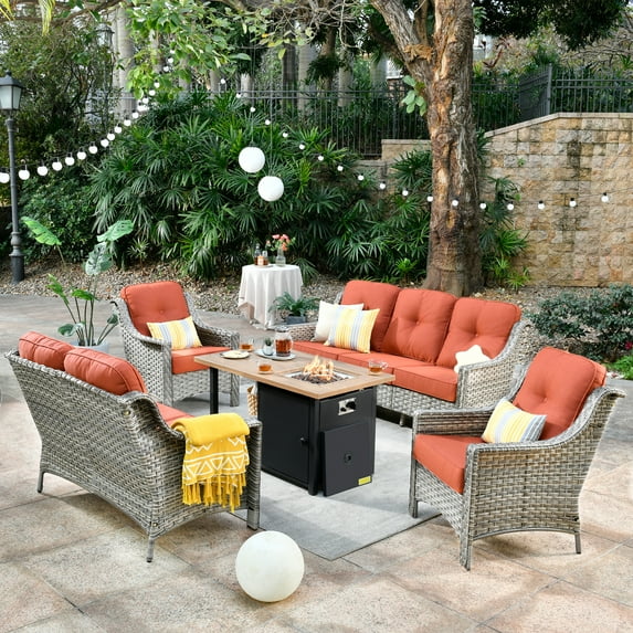 XIZZI Patio Furniture Set All Weather Rattan Wicker Conversation Set with Smokeless Fire Pit Table,Red