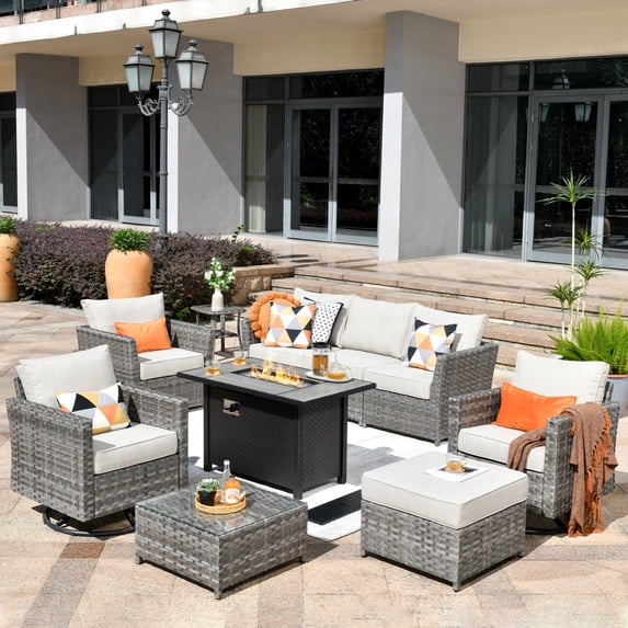 XIZZI Patio Furniture Sets 10 Pieces with Outdoor Wicker Swivel Rocking Chairs Coffee Table and Fire Pit,Beige Stripe