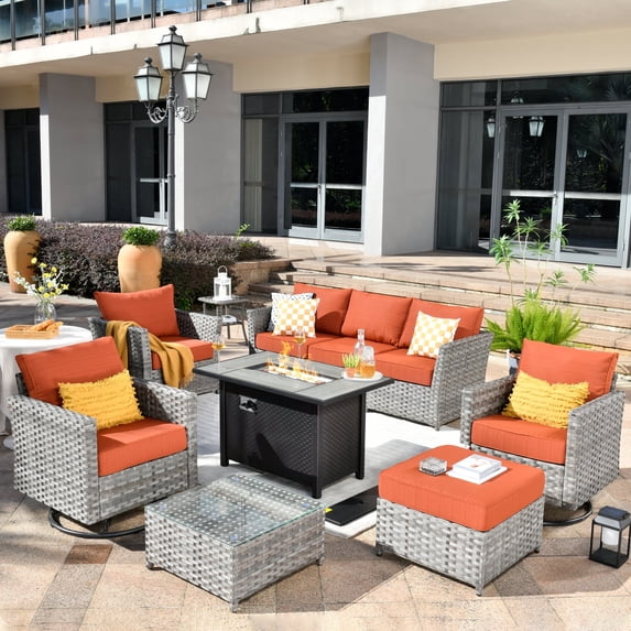 XIZZI Patio Furniture Sets 10 Pieces with Outdoor Wicker Swivel Rocking Chairs Coffee Table and Fire Pit,Orange