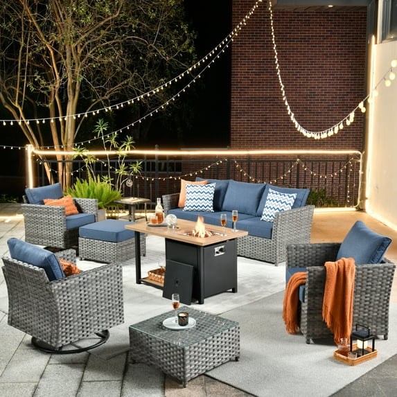 XIZZI Patio Furniture Sets 10 Pieces with Outdoor Wicker Swivel Rocking Chairs and Fire Pit,Bright Blue