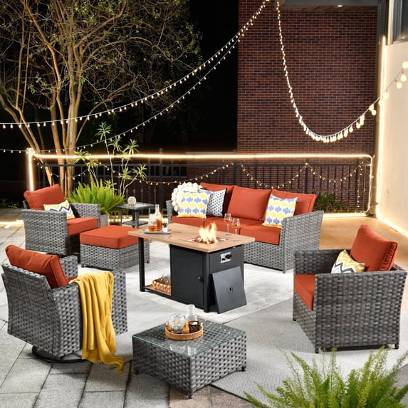 XIZZI Patio Furniture Sets 10 Pieces with Outdoor Wicker Swivel Rocking Chairs and Fire Pit,Orange