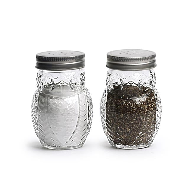 Clear Glass Owl Shaped Salt and Pepper Shakers with Metal Lids