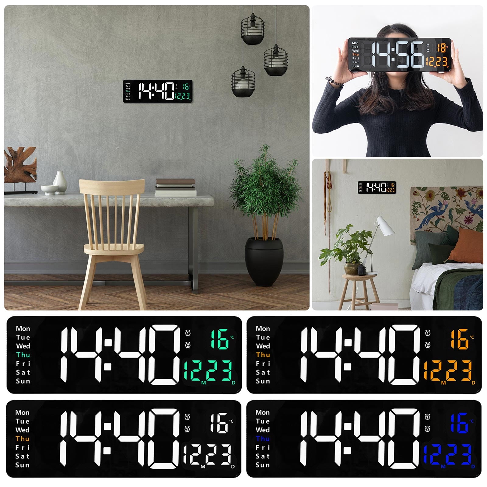 HOOUDO Clock Clearance Clock Large LED Digital Wall Clock Temperature ...