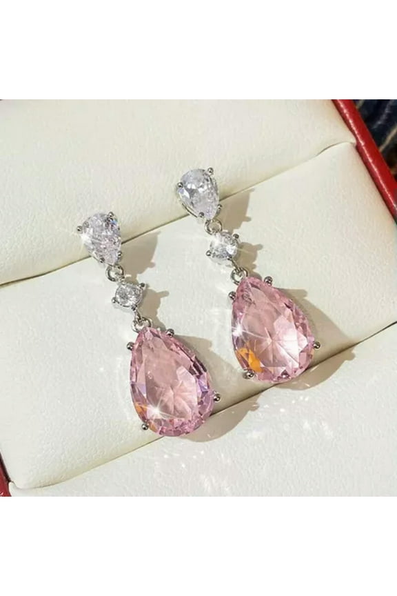 1.25'" Long Pink Teardrop Rhinestone Crystal Prom Pageant Earrings Drop Dangle