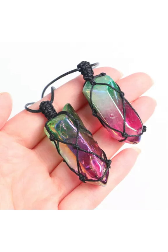 1 Natural Crystal Pendulum Quartz Stone Pendant Chakra Healing Gemstone Necklace-Titanium Colorful Crystal