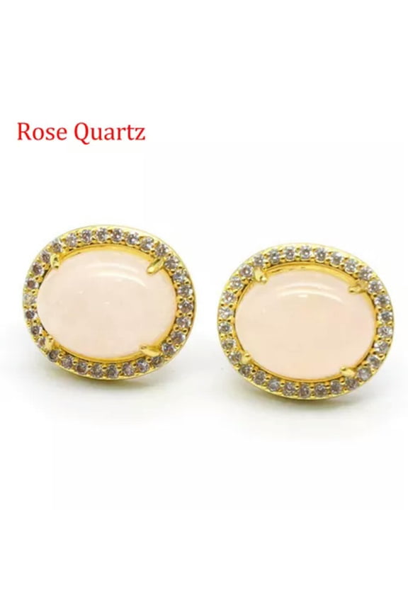 1 Pair Chakra Crystal Gemstone Earrings Ear Studs Oval Beads Quartz Jewelry Gift-Rose Quartz-1Pair (Random Pick)