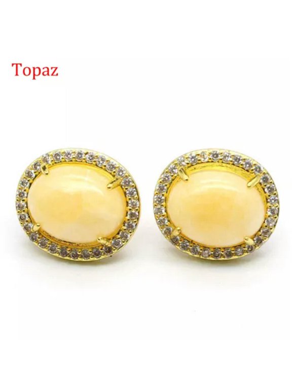 1 Pair Chakra Crystal Gemstone Earrings Ear Studs Oval Beads Quartz Jewelry Gift-Topaz-1Pair (Random Pick)